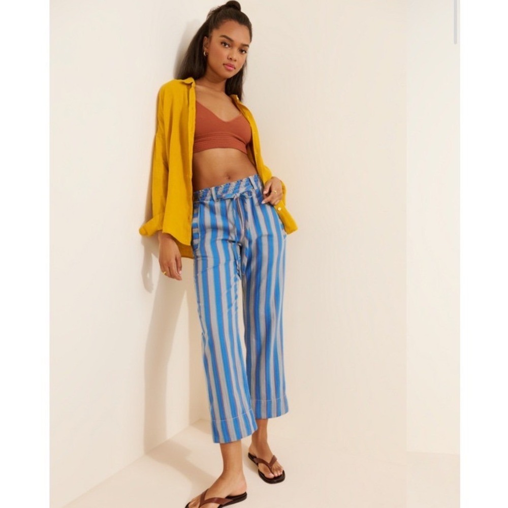 Free People Marielle Stripe Cotton Drawstring Pants Blue Grey Red Small No DS